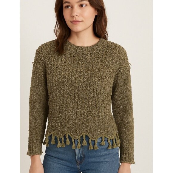 Bibi Boho Loop Knit Sweater Green Tassel Hem Fringe Cottagecore Boucle Artsy M - Picture 1 of 10